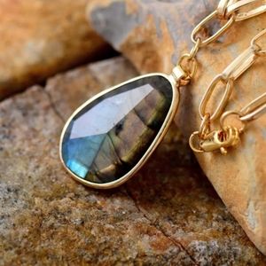 Labradorite Natural Stone Pendant Chunky Copper Chain Necklace